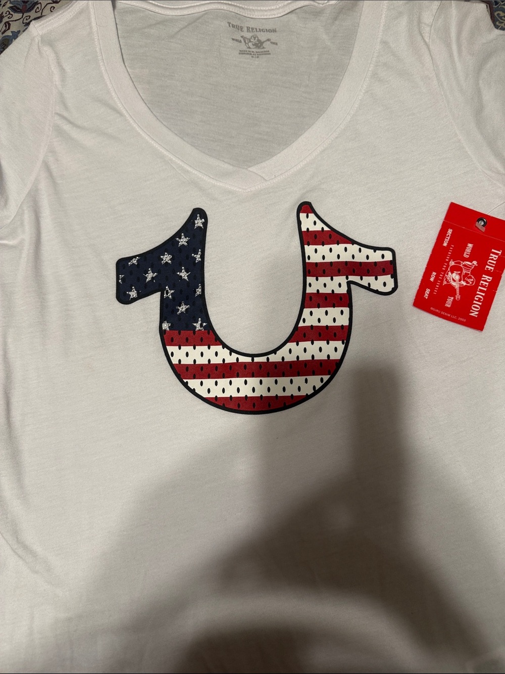 True Religion women’s White Short-Sleeve Tee with American Flag Horseshoe Size M